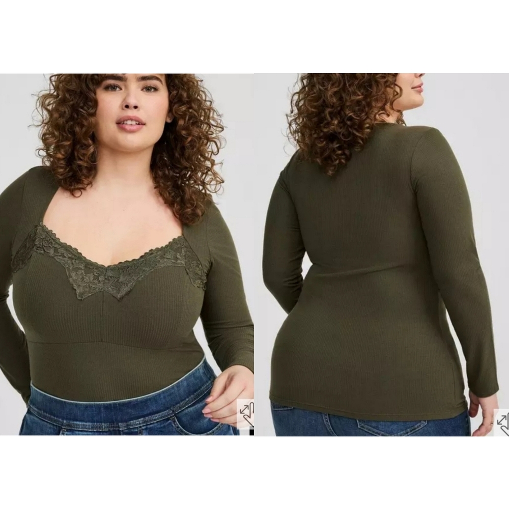 NWT: Torrid "SuperSoft" Ribbed Olive Green Lace Sweetheart Top, Size Large